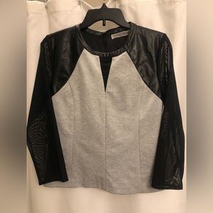 Moss Jang Color Block Top, Gray With Sheer Sleeves & Leather details, Large NWT